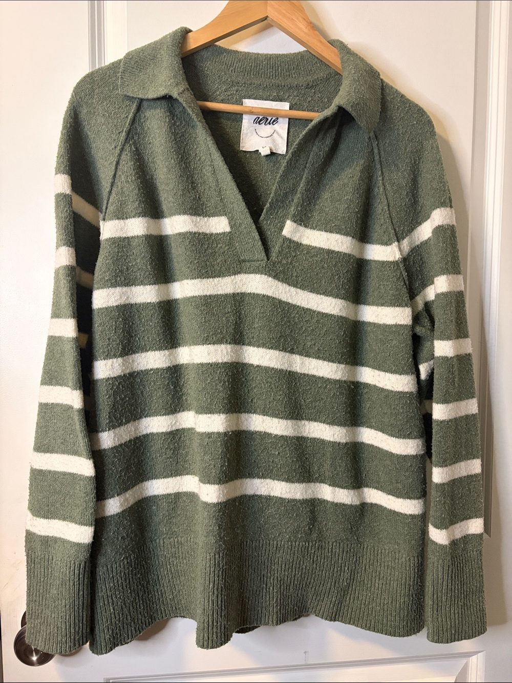 aerie Olive & White Striped V-Neck Polo Sweater